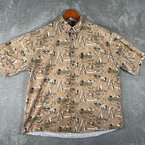 North River Fishing Shirt Mens XL Tan Fishing Lures All Over Print Button Down